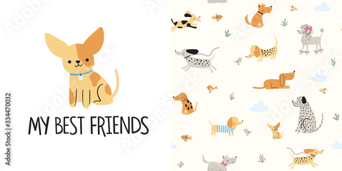 Cute little dogs. Seamless pattern and t-shirt design for kids