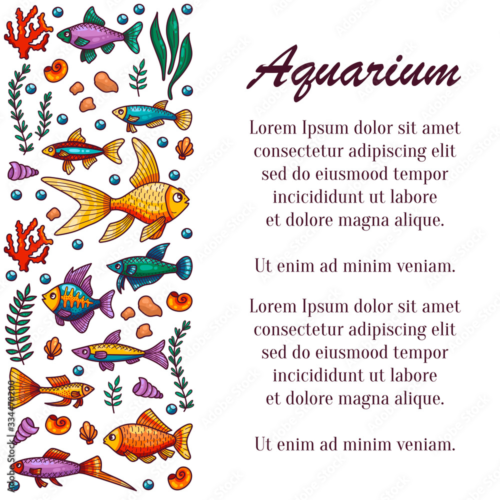 Aquarium fish doodle cartoon colorful row border