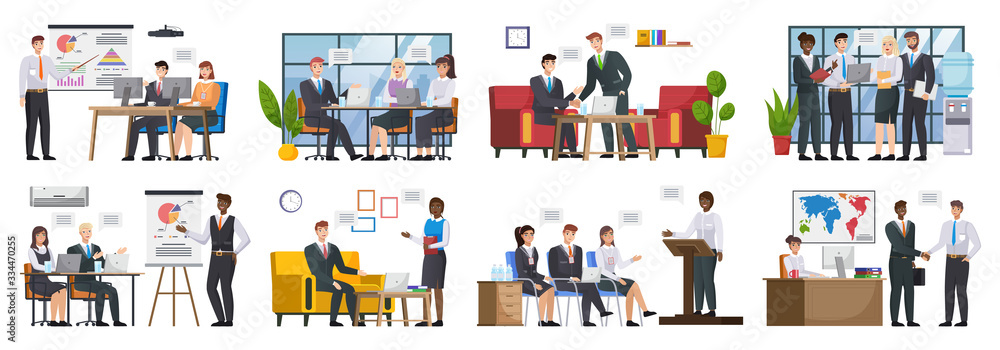 Set with master class presentation training. Teamwork or team building, office business meeting. Team brainstorming, annual report and statistics graphics discussion and planning. Business people work Set with master class presentation training. Teamwork or team building, office business meeting. Team brainstorming, annual report and statistics graphics discussion and planning. Business people work