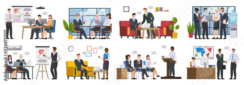Set with master class presentation training. Teamwork or team building, office business meeting. Team brainstorming, annual report and statistics graphics discussion and planning. Business people work