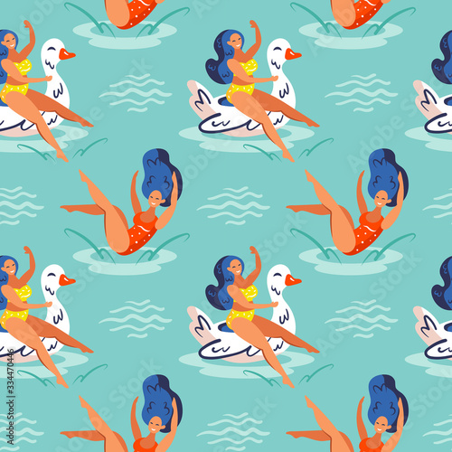 Young smiling girls with blue hair and swimming suit on rubber ring duck. Summer seaside party hand drawn vector seamless pattern, texture, flat, background, backdrop. Isolated on blue background.
