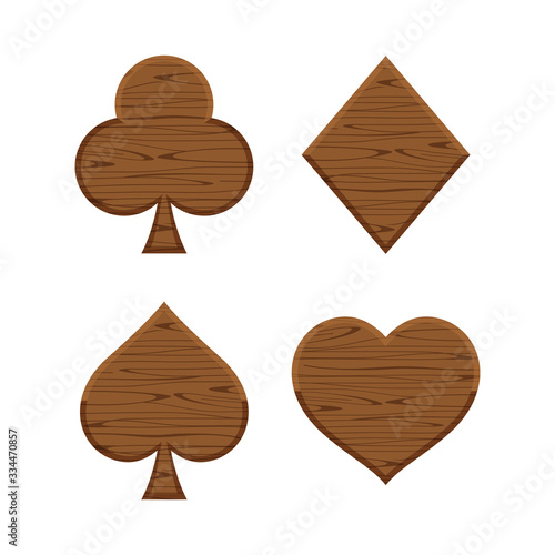 card suit icon wooden dark brown isolated on white background, symbol card clubs diamonds hearts and spades shape, wood sign club diamond heart and spade, illustration wooden card icon set photo