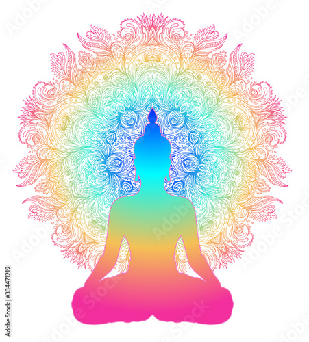Chakra concept. Inner love, light and peace. Buddha silhouette in lotus position over colorful ornate mandala. Vector illustration isolated. Buddhism esoteric motifs. Tattoo, spiritual yoga.