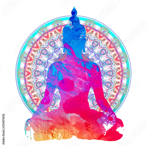 Chakra concept. Inner love, light and peace. Buddha silhouette in lotus position over colorful ornate mandala. Vector illustration isolated. Buddhism esoteric motifs. Tattoo, spiritual yoga.