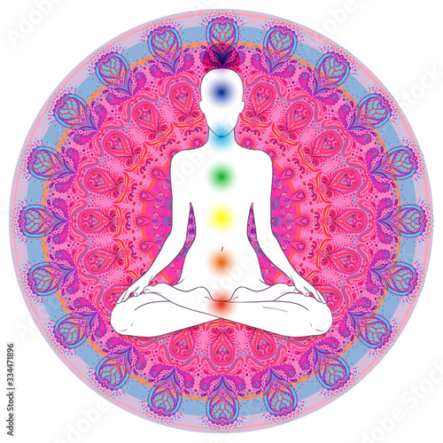 Chakra concept. Inner love, light and peace. Buddha silhouette in lotus position over colorful ornate mandala. Vector illustration isolated. Buddhism esoteric motifs. Tattoo, spiritual yoga.
