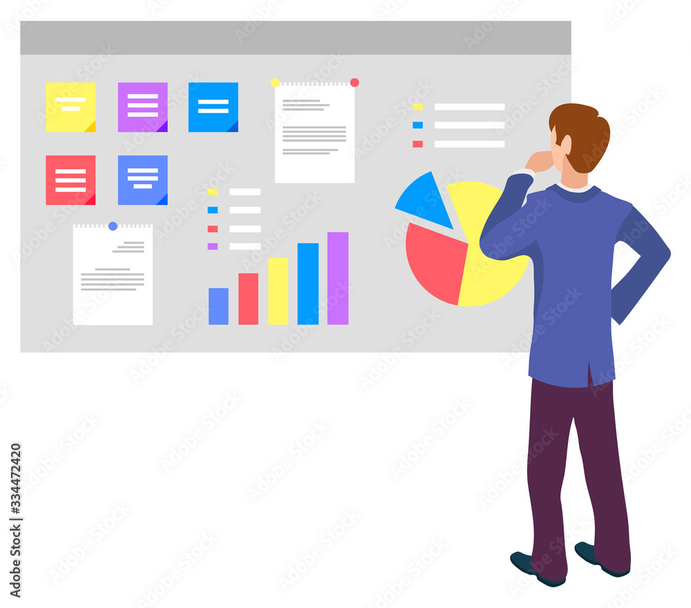 Man wearing formal clothes looking at charts on whiteboard screen vector, male character with infocharts. Data information in visual form presentation Man wearing formal clothes looking at charts on whiteboard screen vector, male character with infocharts. Data information in visual form presentation