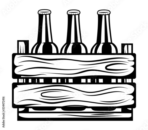Bottles of beer in a wooden box. Elements  for  Octoberfest  or  festival. Black and white vector illustration for a beer store. Line art.