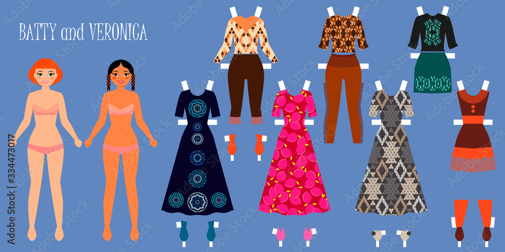 Two girls with clothes that can be changed. The dolls are ready to cut and play. Vector illustration. Two girls with clothes that can be changed. The dolls are ready to cut and play. Vector illustration.