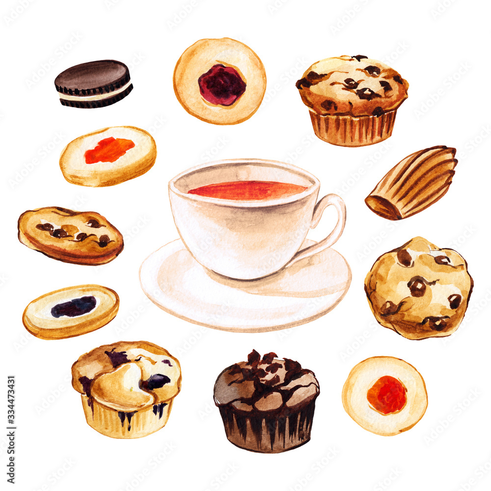 Watercolor hand drawn cup of black tea illustration set with different kind of cookies and muffins isolated on white background.