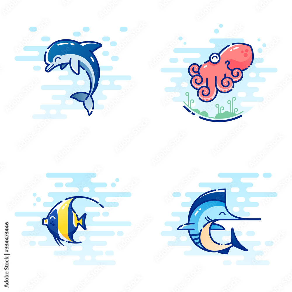 Set of four sea creatures, consisting of dolphin, octopus, moorish idol  and marlin, drawn in cute colorful MBE style - obrazy, fototapety, plakaty 