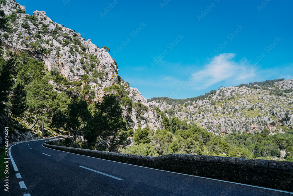 Road in the mountains. Beautiful landscape. Spain, Majorca. 
