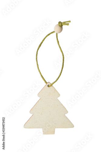 wooden toy in the shape of Christmas trees on a rope isolated on white