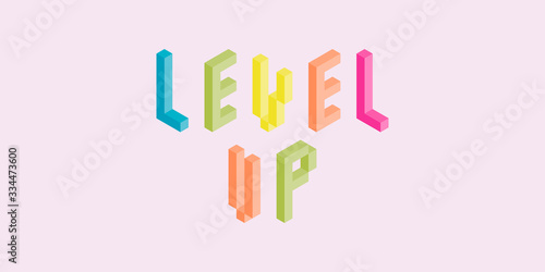 Pixel inscription "Level up". Pixel vector illustration computer video game.