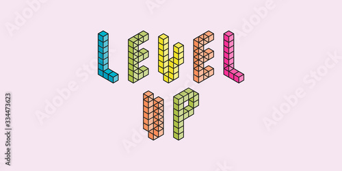 Pixel inscription "Level up". Pixel vector illustration computer video game.