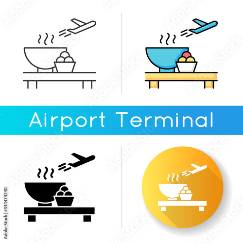 Airport restaurant icon. Serving food in aircraft terminal cafe. Eat at cantine before flight. Dining area before plane departure. Linear black and RGB color styles. Isolated vector illustrations