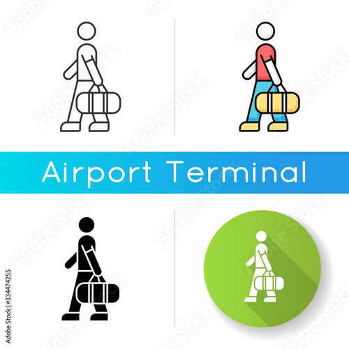 Male passenger with bag icon. Tourist carrying baggage. Man with checked luggage at airport. Visitor departure for airplane flight. Linear black and RGB color styles. Isolated vector illustrations