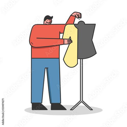 Concept Of Clothes Design, Clothes Textile Sewing Factory. Modeler Is Working In Handmade Fashion Atelier. Designer Make Clothes Cutting On Makkequin. Cartoon Linear Outline Flat Vector Illustration
