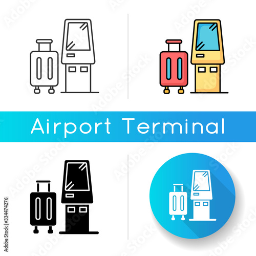 Check in kiosk icon. Self serving airport terminal. Checked luggage in aircraft. Panel machine for passenger baggage. Linear black and RGB color styles. Isolated vector illustrations