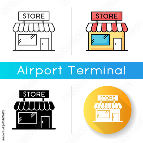 Convenience store icon. Grocery shop exterior. Small business in retail. Duty free mall with awning. Local boutique. Linear black and RGB color styles. Isolated vector illustrations