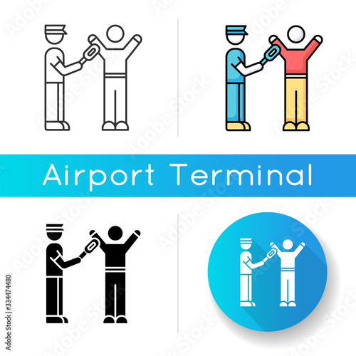 Body scanning icon. Airport security with metal detector. Passenger getting checked before flight. Smuggle precaution in aircraft. Linear black and RGB color styles. Isolated vector illustrations