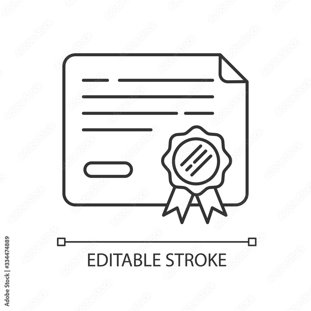 Certificate pixel perfect linear icon. College degree. University paper. Official contract. Thin line customizable illustration. Contour symbol. Vector isolated outline drawing. Editable stroke Certificate pixel perfect linear icon. College degree. University paper. Official contract. Thin line customizable illustration. Contour symbol. Vector isolated outline drawing. Editable stroke