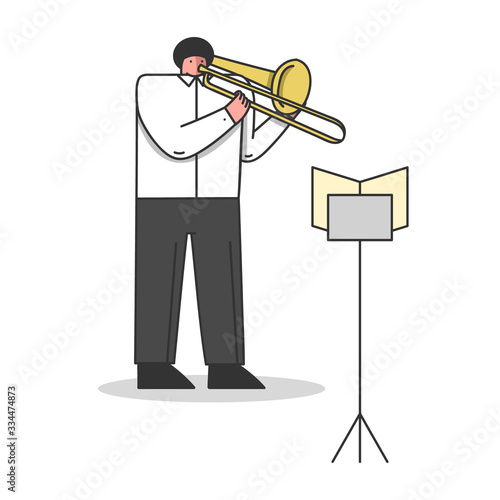 Symphony Orchestra, Musical School Concept. Musician Plays Trombone. Male Character Is Playing Composition In Theatre Looking At Sheet Music. Cartoon Linear Outline Flat Style. Vector Illustration