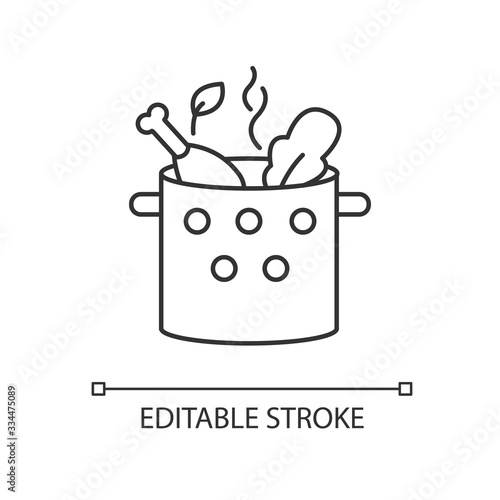 Cooking food pixel perfect linear icon. Boiling chicken soup. Dish recipe. Prepare diner. Thin line customizable illustration. Contour symbol. Vector isolated outline drawing. Editable stroke
