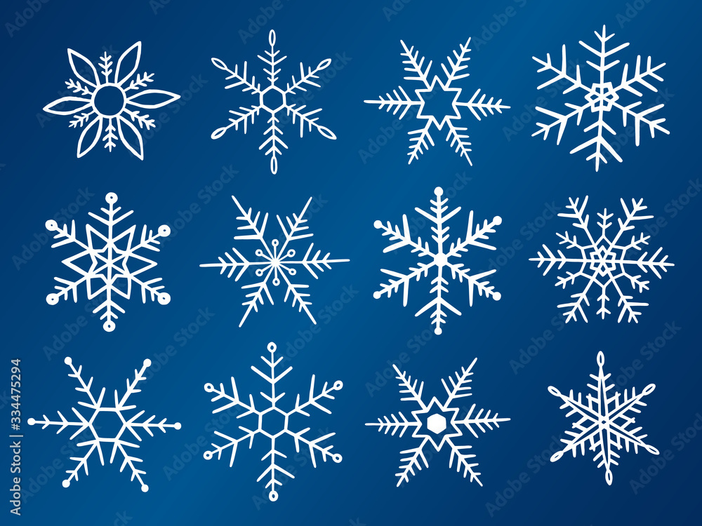 Set snowflakes in doodle style for winter design. Collection hand drawn snowflakes isolated on whit background. Snowflake icon painted. White snowflakes on blue background for winter prints. Vector