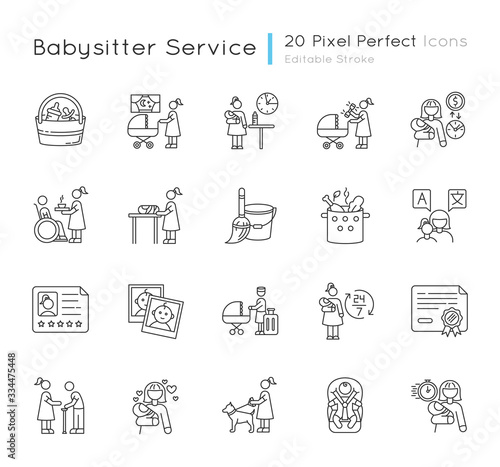 Babysitter service pixel perfect linear icons set. Night time nanny for infant kid. Full time child care. Customizable thin line contour symbols. Isolated vector outline illustrations. Editable stroke