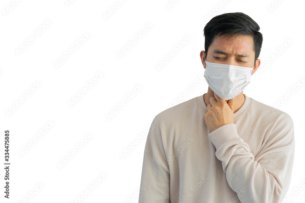 close up asian man wear face mask and feeling sore throats inside neck isolated on white background for coronavirus preventive concept close up asian man wear face mask and feeling sore throats inside neck isolated on white background for coronavirus preventive concept