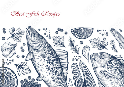 Fish seafood background. Vector template with hand drawn illustrations.