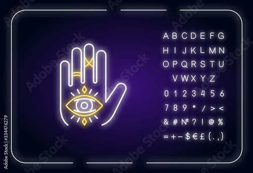 Hand and eye esoteric neon light icon. Fortune teller mystic symbol. All seeing eye magical sign. Outer glowing effect. Sign with alphabet, numbers and symbols. Vector isolated RGB color illustration
