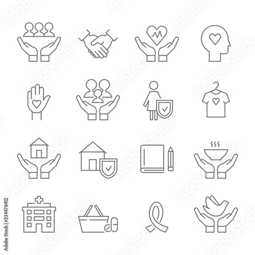 Social Work and Care, Family and Woman Protection, Charity and Donation. Flat Line Vector Icons