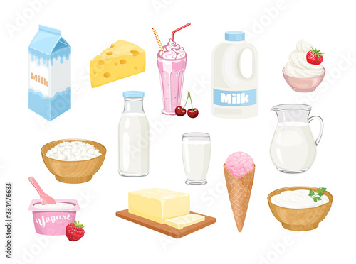 Dairy products set. Milk in bottle, jug, glass, box and gallon, cheese, milk shake, whipped cream, cottage cheese, yogurt, butter, ice cream and sour cream isolated. Vector cartoon flat illustration.