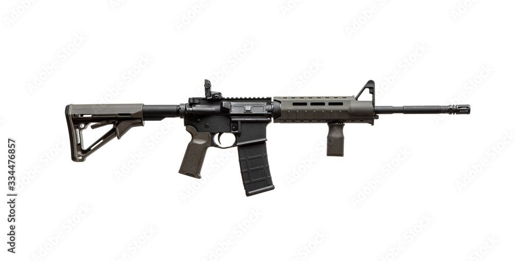 Modern automatic rifle isolated on white back. Weapons for police, special forces and the army. Automatic carbine with mechanical sights.