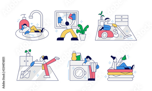 Collection of funny people doing housework. Set of men and women washing dishes, cleaning windows, vacuuming, folding clothes, mop the floor and laundering. Flat cartoon vector illustration.