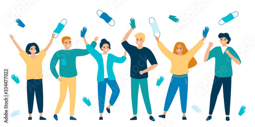Group of people are happy ending quarantine, disease, virus. Leaving home, communication, restoration, freedom. Women and men throw away protective gloves and respiratory masks. Vector illustration