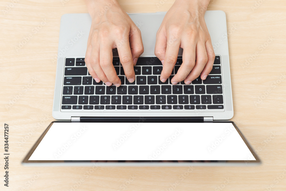 Woman use of laptop computer with white screen. empty display. Woman use of laptop computer with white screen. empty display.