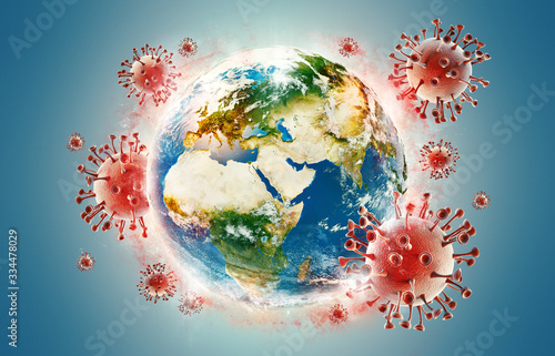 High resolution Coronavirus concept, infected world or earth. Dangerous asian ncov corona virus. Red and teal background. 3d rendering