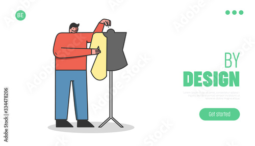 Clothes Design Concept. Website Landing Page. Dressmaker Is Working In Handmade Fashion Atelier. Designer Make Clothes Cutting On Makkequin. Web Page Cartoon Linear Outline Flat Vector Illustration