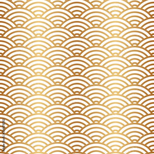 Chinese and Japanese style. Traditional oriental. Golden asian oriental background. China gold ornament. Elegant design gold foil for prints. Seamless pattern. Abstract wave. Culture texture. Vector 