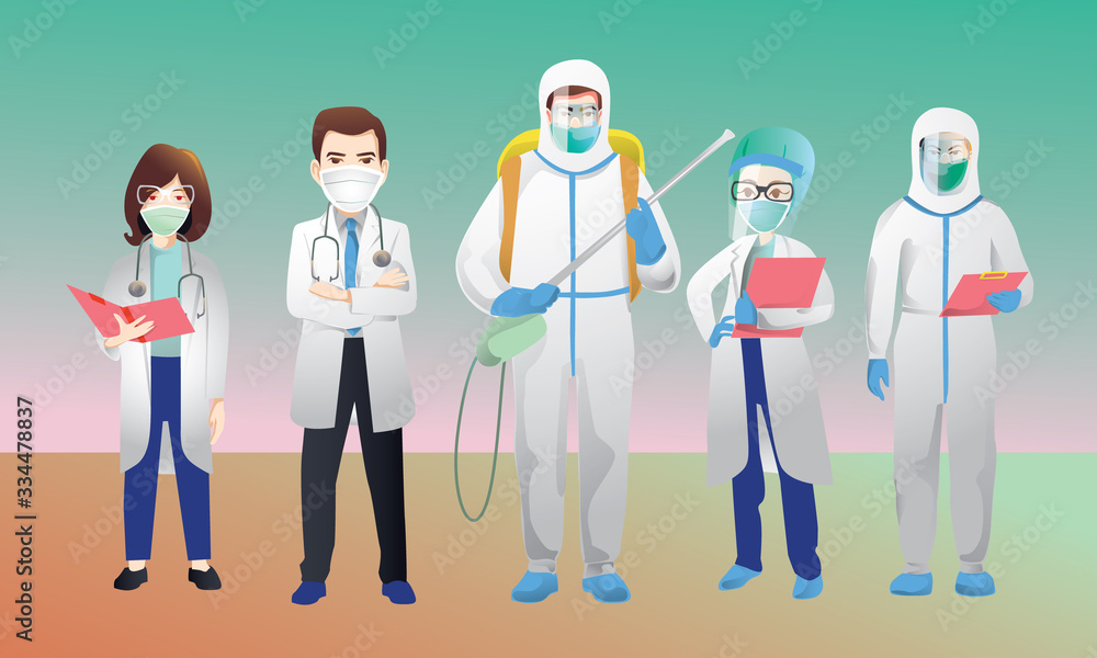 Fototapeta premium doctors and Staff medical. Healthcare in hospital wearing medical mask fighting again Corona virus Covid-19 and bacteria. Health care concept. Vector illustration isolated 