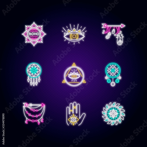 Magical accessories in boho style neon light icons set. Prophecy and occultism amulets. Lotus flower esoteric symbol. Signs with outer glowing effect. Vector isolated RGB color illustrations