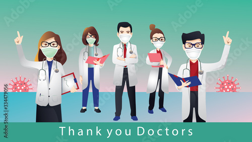 Thank you doctors and nurses. Healthcare in hospital wearing medical mask fighting again Corona virus Covid-19 and bacteria. Health care concept. Vector illustration isolated on white