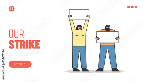 Mass Protest Action Concept. Website Landing Page. Dissatisfied Man And Woman Strike And Protest With Placards. People Demonstrating Together. Web Page Cartoon Linear Outline Flat Vector Illustration