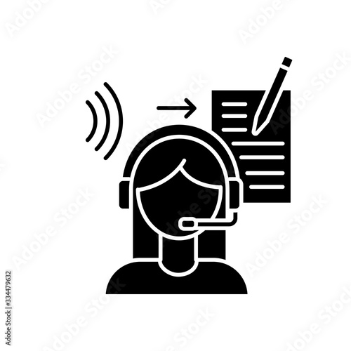 Transcription black glyph icon. Listening and translation, foreign language representation, audio records conversion into text. Silhouette symbol on white space. Vector isolated illustration
