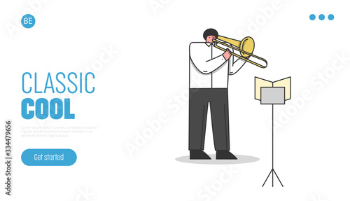 Symphony Orchestra, Musical School Concept. Website Landing Page. Musician Plays Trombone. Male Character Is Playing Composition In Theatre. Web Page Cartoon Linear Outline Flat Vector Illustration