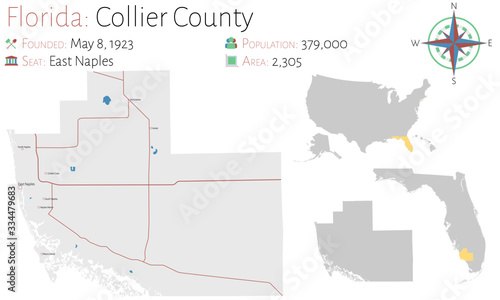Quadro em tela Large and detailed map of Collier county in Florida, USA.