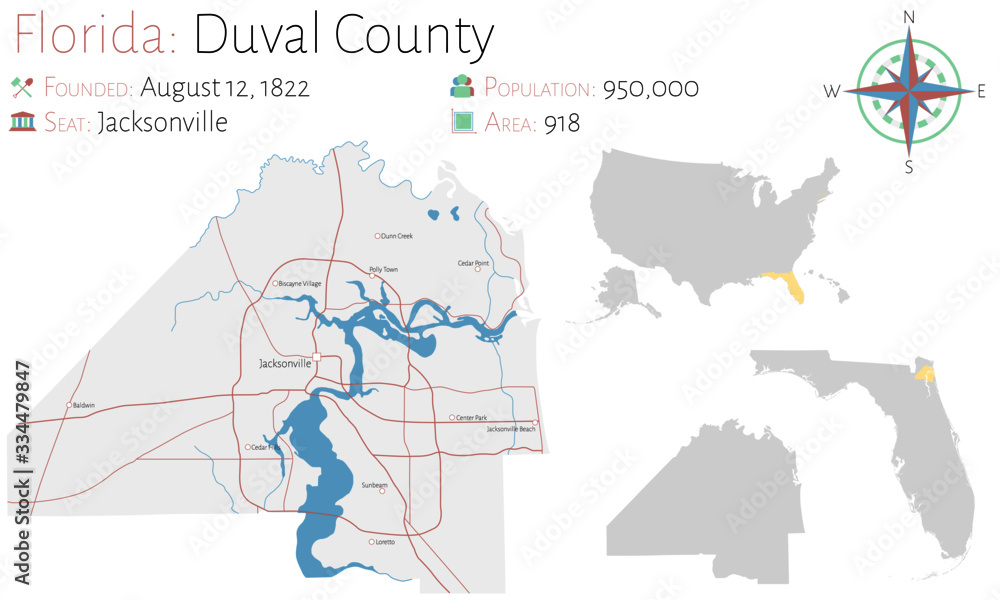 Large and detailed map of Duval county in Florida, USA.
