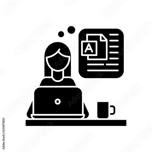 Blog writing black glyph icon. Social media blogger, online publishing, post author. Blogging, website constant content filling. Silhouette symbol on white space. Vector isolated illustration